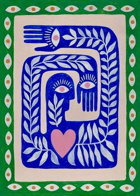 Illustrazione dipinta: una figura blu con occhi sulle mani e un cuore rosa, avvolta da rami di foglie, dentro una cornice verde decorata con occhi